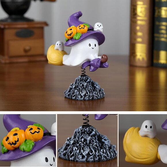 Bobbing Ghost on Broomstick with Witch Hat Swing Ghost Statue Ornament Decor - Picture 4 of 6